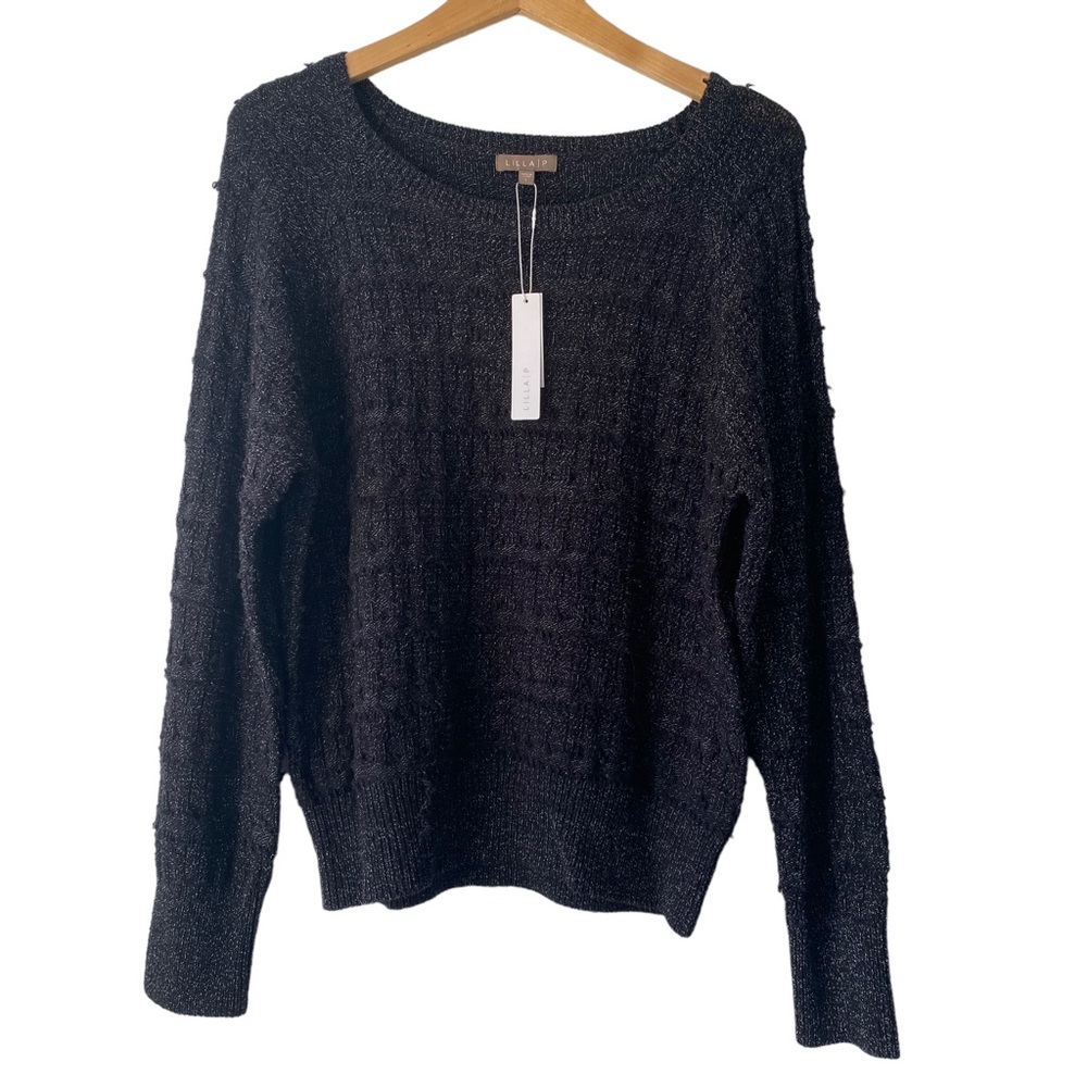 NWT Lilla P Tweed Fringe Black Pullover Sweater Womens Large
